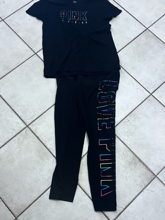 PINK Victoria's Secret Pants - PINK Victoria's Secret Black Tee with Rainbow-Trim Logo